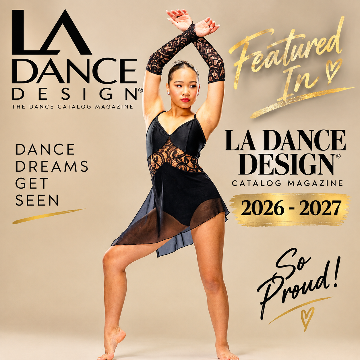 LA Dance Design catalog magazine 2026–2027 feature graphic showing Richani in a black lace costume with arms crossed overhead